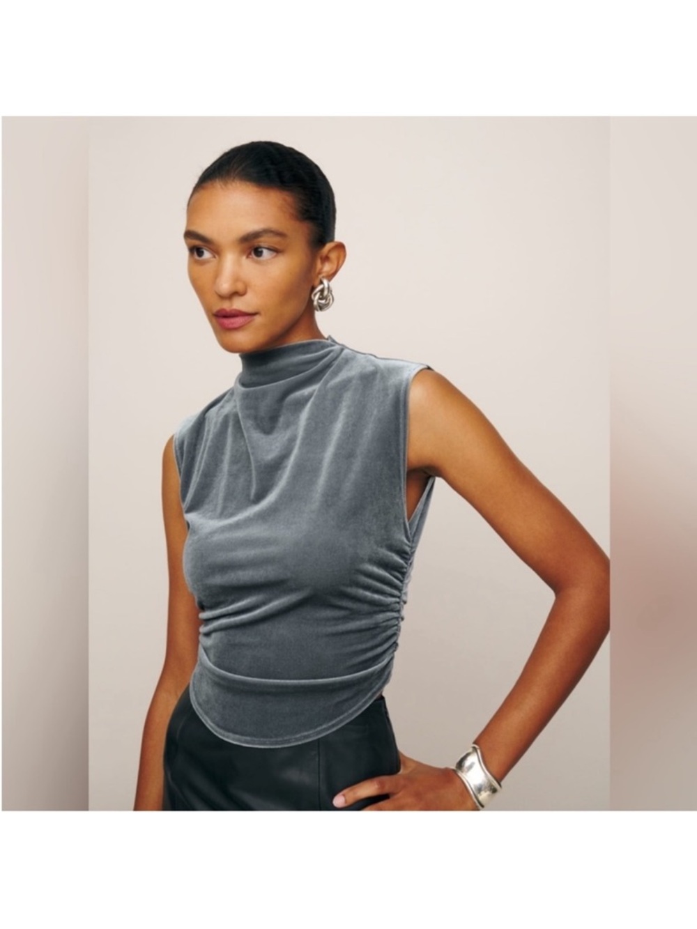 Reformation Slate Gray Velvet Sleeveless Mock Neck Tank